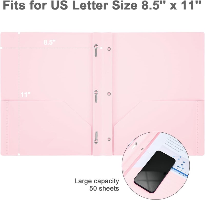 XRUNMIX Two-Pocket-Folders with 3 Prongs, Letter Size Plastic Folders with Pockets and Prongs, Poly Plastic Folders for Office & School. 6 Pastel Colors (Pink - 6 Packs) - Image 2